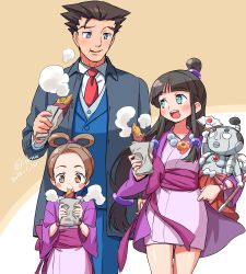 Rule 34 | 1boy, 2girls, absurdres, ace attorney, black hair, blue eyes, blush stickers, brown eyes, brown hair, dated, eating, food, formal, hair rings, hair slicked back, highres, holding, holding stuffed toy, isedaichi ken, jacket, japanese clothes, jewelry, kimono, long hair, magatama, magatama necklace, maya fey, multiple girls, necklace, necktie, open mouth, pearl fey, phoenix wright, red necktie, short hair, simple background, spiked hair, steam, steel samurai, stuffed toy, suit, sweet potato, topknot