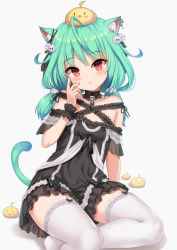 Rule 34 | 1girl, :o, ahoge, alternate costume, animal, animal ear fluff, animal ears, animal on head, bare shoulders, bird, black dress, blush, bow, cat ears, cat girl, cat tail, chick, closed mouth, collarbone, commentary request, dress, earrings, frilled dress, frills, garter straps, green hair, hair ornament, hand up, highres, hololive, jewelry, long hair, looking at viewer, low twintails, milkshakework, on head, red eyes, short sleeves, simple background, sitting, solo, striped, tail, thighhighs, twintails, uruha rushia, uruha rushia (3rd costume), virtual youtuber, white background, white thighhighs, wrist cuffs