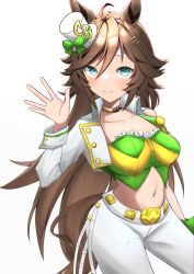 Rule 34 | 1girl, absurdres, ahoge, animal ears, aqua eyes, blush, bow, breasts, brown hair, choker, collarbone, commentary request, cowboy shot, crop top, da (hwss2287), green bow, green shirt, hair between eyes, hand up, hat, hat bow, highres, horse ears, jacket, long hair, long sleeves, looking at viewer, medium breasts, midriff, mini hat, mini top hat, mr. c.b. (umamusume), navel, open clothes, open jacket, pants, shirt, simple background, smile, solo, standing, stomach, strapless, strapless shirt, top hat, umamusume, very long hair, white background, white hat, white jacket, white pants