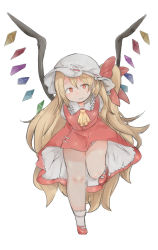 Rule 34 | absurdly long hair, absurdres, alternate hair length, alternate hairstyle, ascot, bad id, bad pixiv id, blonde hair, bow, crystal, flandre scarlet, frilled shirt collar, frills, full body, hat, hat ribbon, highres, long hair, mob cap, puffy short sleeves, puffy sleeves, pushun (muteki), red bow, red eyes, red footwear, red skirt, red vest, ribbon, shoes, short sleeves, side ponytail, skirt, smile, socks, solo, touhou, very long hair, vest, wings, yellow ascot