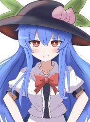 Rule 34 | 1girl, black hat, blouse, blue hair, bow, bowtie, bright pupils, center frills, closed mouth, food, frills, fruit, hat, highres, hinanawi tenshi, leaf, long hair, looking at viewer, peach, red bow, red bowtie, red eyes, shirt, short sleeves, smile, smug, solo, theon (te2eo), touhou, upper body, v-shaped eyebrows, white pupils, white shirt