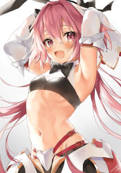 Rule 34 | 1boy, :d, absurdres, armpits, arms behind head, artist name, astolfo (fate), astolfo (saber) (fate), bad id, bad pixiv id, black bow, black bowtie, black hairband, blush, bow, bowtie, detached sleeves, fang, fate/grand order, fate (series), gradient background, grey background, hair between eyes, hair intakes, hairband, highres, ishida umi, long hair, looking at viewer, male focus, midriff, navel, open mouth, pink eyes, pink hair, smile, solo, trap