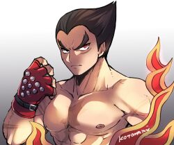 Rule 34 | 1boy, black eyes, black hair, closed mouth, collarbone, fingerless gloves, fire, frown, gloves, grey background, heterochromia, kotorai, looking at viewer, male focus, mishima kazuya, nipples, pectorals, red eyes, red gloves, short hair, signature, solo, studded gloves, tekken, thick eyebrows, topless male, upper body