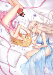 Rule 34 | 2girls, bare arms, bare shoulders, bed sheet, blonde hair, blue dress, blue eyes, blush, braid, character doll, character request, closed eyes, closed mouth, commentary request, dress, feet out of frame, flower, from above, highres, lexington (warship girls r), light brown hair, long hair, lying, multiple girls, o-ring, o-ring dress, on side, petals, pillow, pink dress, profile, purple flower, rodney (warship girls r), see-through, sleeveless, sleeveless dress, strapless, strapless dress, very long hair, warship girls r, xiaoyin li