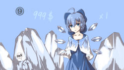 Rule 34 | 1girl, absurdres, adapted costume, bad id, bad pixiv id, blue eyes, blue hair, bow, circled 9, cirno, frog, frozen, frozen frog, hair bow, highres, ice, short hair, soim, touhou, wings