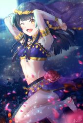 Rule 34 | 1girl, ;d, arabian clothes, arabian nights, armlet, armpits, arms up, bad id, bad pixiv id, bandeau, bare shoulders, black hair, blurry, blush, bracelet, breasts, chromatic aberration, collar, depth of field, flats, flower, idolmaster, idolmaster shiny colors, jewelry, kaon (kaon ll), leg up, long hair, looking at viewer, mayuzumi fuyuko, midriff, navel, one eye closed, open mouth, orange eyes, pants, petals, pink flower, rose, see-through, signature, small breasts, smile, solo, standing, standing on one leg, thighs