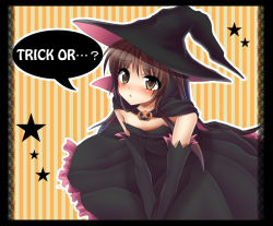 Rule 34 | 1boy, bad id, bad pixiv id, blush, brown eyes, brown hair, cape, crossdressing, dress, flat chest, halloween, hat, kneeling, little busters!, long hair, male focus, masayu, naoe riki, solo, trap, witch, witch hat