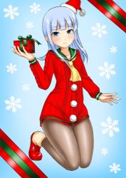 Rule 34 | 1girl, blue background, blue eyes, blue hair, commentary request, dress, full body, fur-trimmed headwear, fur trim, gift, gradient background, green sailor collar, hat, hatsukaze (kancolle), holding, holding gift, kantai collection, kudou (ooabareteng), long hair, looking at viewer, multicolored background, neckerchief, official alternate costume, pantyhose, red dress, red hat, sailor collar, sailor dress, santa hat, snowflake background, solo, yellow neckerchief