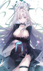 Rule 34 | 1girl, absurdres, ahoge, animal ear fluff, animal ears, black choker, black dress, black gloves, black jacket, blue archive, blush, breasts, choker, cleavage, collarbone, cropped jacket, dress, floating hair, gloves, grey hair, groin, halo, highres, holding rag, jacket, kamiya mitobe, large breasts, long hair, mismatched pupils, shiroko (blue archive), shiroko terror (blue archive), solo, straight hair, teardrop, thigh strap, very long hair, wolf ears