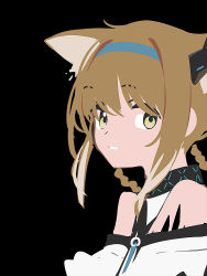 Rule 34 | animal ear fluff, animal ears, arknights, bare shoulders, black background, blue hairband, braid, braided hair rings, brown hair, flat color, fox ears, green eyes, hair between eyes, hair rings, hairband, highres, looking at viewer, material growth, multicolored hair, no lineart, oripathy lesion (arknights), parted lips, shirt, sidelocks, simple background, suzuran (arknights), tetuw, twin braids, two-tone hair, upper body, white shirt
