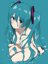Rule 34 | 1girl, aqua background, aqua eyes, aqua hair, arms at sides, blush, breasts, from above, full body, hair censor, hair over breasts, hatsune miku, highres, liquid hair, long hair, looking at viewer, medium breasts, nishikino kee, nisikinokee, nude, sitting, solo, twintails, very long hair, vocaloid