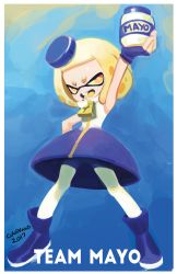 Rule 34 | &gt;:d, 1girl, 2017, :d, absurdres, arm up, artist name, blonde hair, blunt bangs, colo (nagrolaz), crown, dress, fang, gloves, highres, inkling, jar, mayonnaise, mole, mole under mouth, nintendo, open mouth, pantyhose, pearl (splatoon), short hair, sleeveless, sleeveless dress, smile, solo, splatoon (series), splatoon 2, tentacle hair, v-shaped eyebrows, white pantyhose, yellow eyes, zipper pull tab