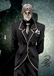 Rule 34 | 1boy, bad id, bad pixiv id, beard, black jacket, butler, facial hair, formal, jacket, male focus, necktie, old, old man, overlord (maruyama), red eyes, sebas tian, shadow, signature, solo, standing, suit, white hair, yua (checkmate)