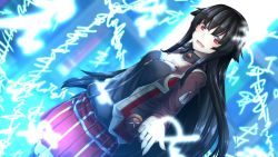 Rule 34 | 1girl, black hair, breasts, cleavage, collarbone, detached collar, game cg, hand up, highres, jacket, long hair, long sleeves, looking at viewer, medium breasts, open mouth, original, pleated skirt, red eyes, rurushia, skirt, smile, solo, standing, thighhighs, very long hair, zettai ryouiki, zipper