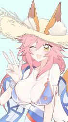 Rule 34 | 1girl, animal ear fluff, animal ears, bikini, bikini under clothes, blue bikini, blush, breasts, cleavage, collarbone, commentary, commentary request, ears through headwear, fang, fate/grand order, fate (series), fox ears, fox girl, fox tail, hat, highres, large breasts, looking at viewer, navel, one eye closed, open mouth, pink hair, see-through, shirt, side-tie bikini bottom, skin fang, solo, straw hat, suzukimadaka, swimsuit, tail, tamamo (fate), tamamo no mae (fate/extra), tamamo no mae (swimsuit lancer) (fate), tamamo no mae (swimsuit lancer) (second ascension) (fate), wet, wet clothes, wet shirt