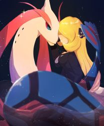 Rule 34 | 1girl, black coat, blonde hair, closed mouth, coat, commentary request, creatures (company), cynthia (pokemon), face-to-face, from side, fur-trimmed coat, fur trim, game freak, gen 3 pokemon, hair ornament, highres, long hair, mikan-pasta, milotic, nintendo, pokemon, pokemon (creature), pokemon dppt, smile, sparkle