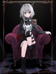 Rule 34 | 1girl, arknights, armchair, black background, black footwear, black gloves, black jacket, black shorts, black socks, boots, chair, checkered floor, closed mouth, commentary, epaulettes, fingerless gloves, gloves, grey eyes, grey hair, hair intakes, highres, horns, jacket, knee up, long sleeves, looking at viewer, nishimiya aki, on chair, short shorts, shorts, simple background, single epaulette, single glove, sitting, smile, socks, solo, talulah (arknights), talulah the fighter (arknights)