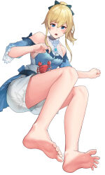 Rule 34 | 1girl, arka91, arm support, bare legs, bare shoulders, barefoot, blonde hair, blue eyes, blue shirt, blush, bow, breasts, collarbone, commentary request, crab, detached sleeves, feet, foot focus, foreshortening, full body, genshin impact, hair between eyes, hair bow, high-waist shorts, highres, jean (genshin impact), jean (sea breeze dandelion) (genshin impact), korean commentary, legs, long hair, medium breasts, official alternate costume, on ground, ponytail, shirt, short shorts, shorts, sidelocks, simple background, soles, solo, spread toes, toenails, toes, white background, white shorts