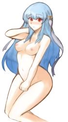 Rule 34 | 1girl, archived source, blue hair, blush, breasts, collarbone, completely nude, covering privates, covering crotch, curvy, fire emblem, fire emblem: the blazing blade, fire emblem heroes, groin, hair ornament, hand in own hair, hand on thigh, highres, long hair, looking at viewer, navel, ninian, nintendo, nipples, nude, open mouth, parted lips, red eyes, sitting, small breasts, solo, thighs, transparent background, tridisart, very long hair, wide hips