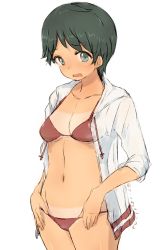 Rule 34 | 1girl, alchera, bikini, black hair, breasts, collarbone, commentary request, cowboy shot, drawstring, green eyes, hood, hooded jacket, hoodie, jacket, kantai collection, mogami (kancolle), red bikini, short hair, side-tie bikini bottom, simple background, small breasts, solo, swept bangs, swimsuit, tan, tanline, white background, white jacket