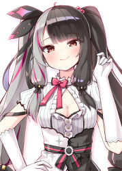 Rule 34 | 1girl, ahoge, black bow, black hair, black ribbon, blush, bow, breasts, brown eyes, cleavage, cleavage cutout, closed mouth, clothing cutout, commentary request, elbow gloves, gloves, grey hair, hair bobbles, hair bow, hair ornament, hair ribbon, hand on own hip, hand up, highres, long hair, medium breasts, multicolored hair, nijisanji, ominaeshi (takenoko), puffy short sleeves, puffy sleeves, purple hair, ribbon, shirt, short sleeves, sidelocks, smile, solo, split-color hair, streaked hair, striped clothes, striped shirt, twintails, two-tone hair, upper body, vertical-striped clothes, vertical-striped shirt, very long hair, virtual youtuber, white gloves, white shirt, yorumi rena, yorumi rena (1st costume)