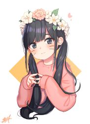 Rule 34 | 1girl, :3, black eyes, black hair, blush, closed mouth, commentary request, facial mark, fingernails, fingers together, flower, hair flower, hair ornament, head tilt, heart, kuri choko, long hair, long sleeves, looking at viewer, nail polish, original, pink flower, pink nails, pink shirt, revision, shirt, signature, sleeves past wrists, solo, twintails, two-tone background, very long hair, whisker markings, white background, white flower, yellow background