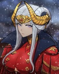 Rule 34 | 1girl, blue eyes, breasts, cape, closed mouth, crown, edelgard von hresvelg, fire emblem, fire emblem: three houses, gloves, hair ornament, highres, horns, long hair, long sleeves, looking at viewer, nintendo, omiza somi, red cape, simple background, solo, white hair