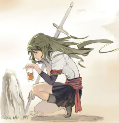 Rule 34 | 1girl, blouse, blue eyes, brown hair, cup, drink, drinking glass, from side, full body, glass, grave, hiro17, layered sleeves, long hair, long sleeves, messy hair, miniskirt, on one knee, original, rock, sash, sheath, sheathed, shirt, short over long sleeves, short sleeves, skirt, solo, squatting, sword, weapon, white shirt