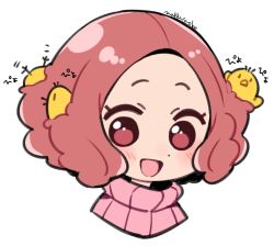 Rule 34 | 1girl, :d, artist name, bird, blush, brown eyes, brown hair, chick, chick on head, commentary, cropped torso, do m kaeru, okumura haru, open mouth, persona, persona 5, pink sweater, portrait, ribbed sweater, short hair, smile, sweater, translation request