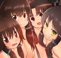 Rule 34 | 4girls, benikurage (cookie), black bow, black hair, blush, bow, breasts, brown eyes, brown hair, cleavage, closed mouth, commentary request, cookie (touhou), fang, frilled hair tubes, frills, hair bow, hair tubes, hakurei reimu, kanna (cookie), large breasts, long hair, looking at viewer, medium breasts, medium hair, multiple girls, nude, open mouth, otemoto (baaaaloooo), parted bangs, reu (cookie), sananana (cookie), smile, sweat, touhou, upper body, yellow eyes
