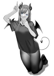 Rule 34 | 1girl, absurdres, alternate costume, arm up, black pantyhose, black shirt, blue eyes, breasts, casual, cellphone, covering own mouth, demon horns, demon tail, demon wings, derivative work, eyelashes, full body, greyscale, hand up, highres, holding, holding phone, hololive, horns, kazukikaidon, kneeling, large breasts, long hair, looking at viewer, monochrome, no pants, pantyhose, phone, pointy ears, selfie, shadow, shirt, simple background, smartphone, solo, spot color, t-shirt, tail, thighs, tsurime, v, v-neck, very long hair, virtual youtuber, white background, wings, yuzuki choco
