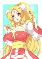 Rule 34 | 1girl, arch bishop (ragnarok online), beer can, blonde hair, blue background, blue eyes, border, breasts, bun cover, can, cleavage, cleavage cutout, clothing cutout, commentary request, cowboy shot, double bun, dress, drink can, eyes visible through hair, eyeshadow, facepaint, food, hair bun, juliet sleeves, large breasts, long hair, long sleeves, looking at viewer, makeup, masaya ichika, open mouth, ponytail, puffy sleeves, ragnarok online, red dress, sash, shrug (clothing), simple background, solo, white border, white dress, yakitori, yellow sash