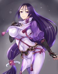 Rule 34 | 1girl, arm guards, bad id, bad twitter id, black gloves, bodysuit, breasts, commentary request, covered navel, elbow gloves, fate/grand order, fate (series), fingerless gloves, gloves, hair between eyes, hand on own chest, harimoji, highres, hip focus, large breasts, long hair, looking at viewer, minamoto no raikou (fate), parted bangs, purple eyes, purple hair, ribbed sleeves, rope, smile, solo, tassel, thighs, turtleneck, very long hair