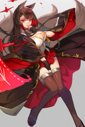 Rule 34 | 1girl, absurdres, akagi (azur lane), animal ears, azur lane, black thighhighs, breasts, brown hair, cleavage, commentary request, eyeshadow, fox ears, fox tail, hair tubes, highres, japanese clothes, large breasts, long hair, looking at viewer, makeup, multiple tails, parted lips, red eyes, sin (btc86amme), smile, solo, tail, thighhighs, zettai ryouiki