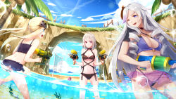 Rule 34 | 3girls, :/, ;d, absurdres, ahoge, bad id, bad pixiv id, ball, beachball, bikini, black one-piece swimsuit, blonde hair, blue eyes, breasts, choker, cleavage, cloud, coconut, collarbone, day, drill hair, dual wielding, fish, grass, grey hair, groin, highleg, highleg bikini, highres, holding, land bridge, long hair, looking at another, maya g, medium breasts, multiple girls, navel, one-piece swimsuit, one eye closed, open mouth, original, outdoors, palm tree, partially underwater shot, purple eyes, red eyes, see-through, sideways mouth, sky, smile, sparkle, standing, sunlight, swimsuit, tree, twin drills, twintails, very long hair, volleyball net, wading, water, water drop, water gun