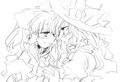 Rule 34 | 2girls, bad id, bad pixiv id, blush, eye contact, female focus, greyscale, hair tubes, hakurei reimu, hat, holding hands, kirisame marisa, looking at another, lovestruck, monochrome, multiple girls, poprication, simple background, sketch, smile, touhou, upper body, white background, witch hat, yuri