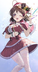 Rule 34 | 1girl, absurdres, bell, black ribbon, blue background, blush, bob cut, breasts, brown eyes, brown hair, buttons, capelet, clannad, cleavage, confetti, dress, duplicate, fishnets, frills, fur trim, furukawa nagisa, gradient background, green ribbon, hair bell, hair ornament, hairclip, hat, highres, jewelry, jingle bell, looking at viewer, medium hair, merry christmas, one eye closed, open mouth, party popper, red dress, revision, ribbon, ring, santa costume, santa hat, sidelighting, signature, siole, sleeveless, smile, snow, snowflakes, snowing, socks, solo, teeth, thighhighs, twitter username, upper teeth only, wedding ring, white background, white socks, wrist cuffs, zettai ryouiki
