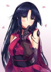 Rule 34 | 1girl, androgynous, arm guards, bare shoulders, black choker, black gloves, black hair, blush, breasts, choker, closed mouth, dated, elbow gloves, fate/grand order, fate (series), flower, gloves, gradient background, hand up, head tilt, highres, japanese clothes, joints, katou danzou (fate), kimono, long hair, medium breasts, parted bangs, pink background, pink kimono, robot joints, sebire, sidelocks, signature, smile, solo, straight hair, upper body, very long hair, yellow eyes
