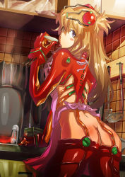 Rule 34 | 00s, 1girl, apron, arm support, ass, blue eyes, blush stickers, bodysuit, brown hair, butt crack, cooking, evangelion: 2.0 you can (not) advance, from behind, highres, kitchen, ladle, latex, long hair, looking back, multicolored clothes, neon genesis evangelion, plugsuit, pot, rebuild of evangelion, solo, souryuu asuka langley, tashiromotoi, test plugsuit, tongue