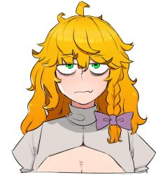 Rule 34 | 1girl, ahoge, bad id, bad twitter id, bags under eyes, blonde hair, bow, braid, cleavage cutout, closed mouth, clothing cutout, commentary request, cookie (touhou), expressionless, green eyes, hair bow, highres, juliet sleeves, kirisame marisa, long hair, long sleeves, looking at viewer, mars (cookie), ohasi, puffy sleeves, purple bow, shirt, side braid, simple background, single braid, solo, touhou, turtleneck, upper body, wavy mouth, white background, white shirt