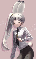 Rule 34 | 1boy, animal ears, black necktie, black pants, closed eyes, closed mouth, collared shirt, cowboy shot, highres, library of ruina, long hair, long sleeves, moribe denkou, multicolored hair, necktie, pants, pink background, project moon, rabbit ears, rabbit tail, shirt, side ponytail, simple background, solo, streaked hair, tail, tie clip, very long hair, white hair, white shirt, yan vismok