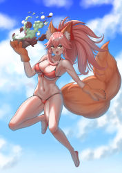 Rule 34 | 1girl, absurdres, animal ear fluff, animal ears, animal hands, artist request, bikini, blue sky, breasts, cat paws, cleavage, cloud, cloudy sky, collarbone, fangs, fate/grand order, fate (series), food, fox ears, fox girl, fox tail, gloves, groin, hair ribbon, highres, large breasts, long hair, open mouth, outdoors, paw gloves, pink hair, ponytail, red bikini, red ribbon, ribbon, sky, solo, swimsuit, tail, tamamo (fate), tamamo cat (fate), yellow eyes