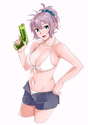 Rule 34 | 1girl, ahoge, alternate costume, aoba (kancolle), aqua eyes, bare shoulders, bikini, bikini under clothes, blue scrunchie, breasts, cleavage, collarbone, cowboy shot, cropped legs, front-tie top, hair between eyes, hand on own hip, highres, holding, holding water gun, kantai collection, large breasts, looking at viewer, messy hair, navel, ojipon, open mouth, ponytail, purple hair, scrunchie, short ponytail, shorts, simple background, smile, solo, standing, swimsuit, toy gun, trigger discipline, water gun, white bikini