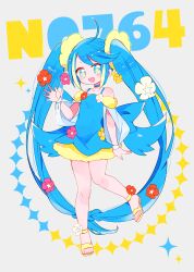 Rule 34 | absurdly long hair, ahoge, ankle flower, blue dress, blue hair, blush, comfey, creatures (company), dress, flower, game freak, gen 7 pokemon, hair flower, hair ornament, highres, long hair, nintendo, no nose, personification, pink flower, pokemon, red flower, sandals, spaghetti strap, sparkling eyes, standing, standing on one leg, teeth, twintails, upper teeth only, very long hair, white flower, wristband, yellow flower, yuzu ichika