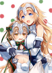 Rule 34 | 2girls, armor, armored dress, bare shoulders, bell, black gloves, blonde hair, blue eyes, blush, braid, breasts, chain, fate/apocrypha, fate/grand order, fate (series), faulds, gauntlets, gloves, hair ribbon, headpiece, highres, holding, hug, jeanne d&#039;arc (fate), jeanne d&#039;arc (ruler) (fate), jeanne d&#039;arc (third ascension) (fate), jeanne d&#039;arc alter santa lily (fate), jingle bell, large breasts, long hair, looking at viewer, multiple girls, murakami yuichi, open mouth, polka dot, polka dot background, ribbon, sack, short hair, single braid, small breasts, smile, trembling, yellow eyes