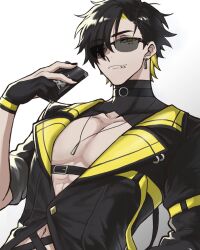 Rule 34 | 1boy, black hair, black nails, cellphone, collarbone, earrings, highres, jacket, jewelry, male focus, monotsuki, multicolored hair, necklace, open clothes, original, pectorals, phone, short hair, smartphone, streaked hair, sunglasses, yellow eyes