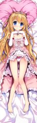 Rule 34 | 10s, 1girl, absurdres, amagi brilliant park, bare legs, barefoot, bed sheet, blonde hair, blue eyes, blush, breasts, clothes lift, cross, cross necklace, dakimakura (medium), dress, dress lift, elbow gloves, feet, frilled pillow, frills, fujima takuya, gloves, heart, heart-shaped pillow, highres, huge filesize, jewelry, knees together feet apart, latifa fleuranza, long hair, looking at viewer, lying, necklace, nipples, on back, panties, pillow, pink panties, small breasts, smile, solo, tiara, toes, underwear, very long hair, white gloves