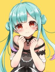 Rule 34 | 1girl, ahoge, amamiya yuyu, aqua hair, asymmetrical hair, bare shoulders, black choker, black dress, blush, choker, clenched hands, double bun, dress, flat chest, frilled dress, frilled straps, frills, gradient hair, hair bun, highres, hololive, lace, lace choker, long hair, looking at viewer, multicolored hair, off-shoulder dress, off shoulder, pink hair, red eyes, short sleeves, sidelocks, solo, tearing up, twintails, twitter username, uneven twintails, upper body, uruha rushia, uruha rushia (3rd costume), virtual youtuber, w arms, yellow background