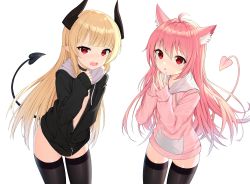Rule 34 | 2girls, ahoge, animal ear fluff, animal ears, bad id, bad pixiv id, black choker, black jacket, black legwear, blonde hair, cat ears, choker, coat, commission, cowboy shot, demon girl, demon horns, demon tail, drawstring, fang, hand up, hands up, highres, horns, jacket, long hair, long sleeves, looking at viewer, multiple girls, naked coat, open mouth, original, parted lips, pink hair, pink jacket, pointy ears, red eyes, sidelocks, simple background, sleeves past wrists, standing, tail, thighhighs, thighs, topu, very long hair, white background