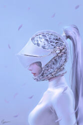 Rule 34 | 1girl, absurdres, breasts, closed mouth, commentary, covered eyes, english commentary, facing ahead, falling petals, from side, grey background, grey hair, helmet, high ponytail, highres, lips, long hair, medium breasts, nixeu, original, petals, profile, shirt, signature, solo, turtleneck, upper body, white shirt